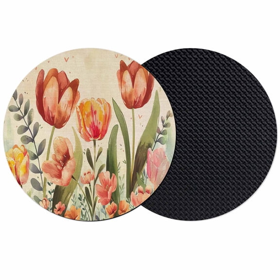 Burnt Orange Spring Floral Coasters Set of 2, Summer Botanical Tulip Vintage Absorbent Coasters for Drinks, Coaster for Bar Office Dining Coffee Table Accessories Decor, Non Slip Round Desk Coaster