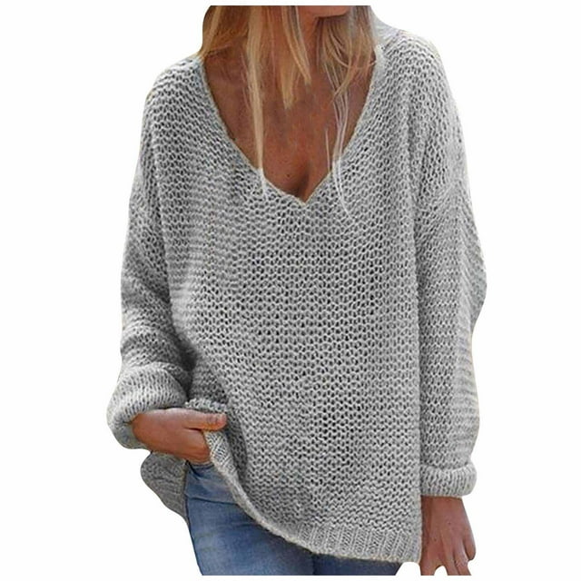 Hauts de Mode pour Femmes Mode pour Femmes Col en V Ample Chandail Uni Manches Longues Hauts