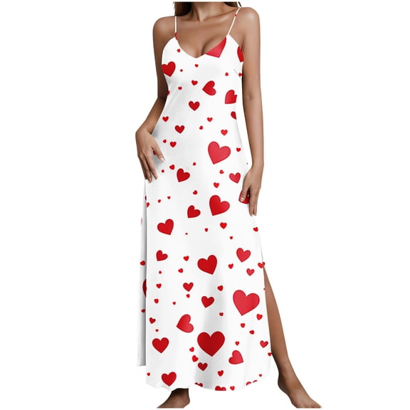 Gytharion Satin Nightgowns for Women Fashion Heart Print V-Neck Spaghetti Strap Maxi Sleepdress Soft Comfy Sleeveless Cami Nightdress Summer Casual Side Split Holiday Pajama Dress