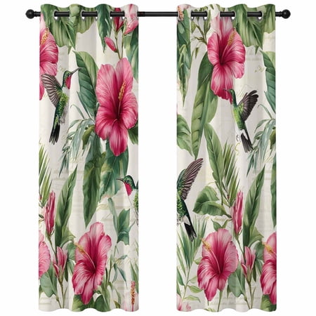 Vintage Red Flower Blackout Curtains 63 Inches Long Tropical Botanical Hibiscus Green Leaf Summer Thermal Insulated Room Darkening Drapes with Grommets for Living Room 42 W x 63 L 2 Panels