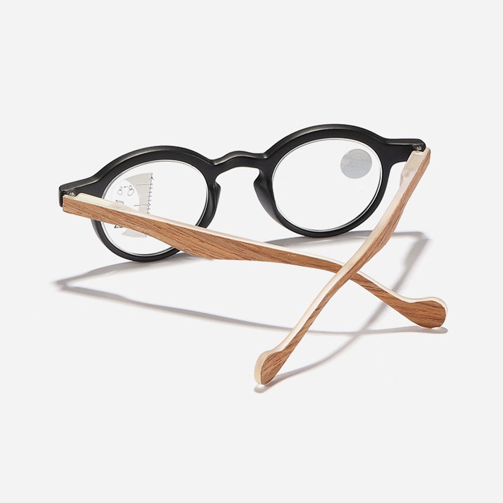 2 Pairs of Retro Brown Wood Grain Progressive Multi-focus Reading Glasses 1.00 Round Anti-blue Light Spring Hinges Readers +1.00 Strength