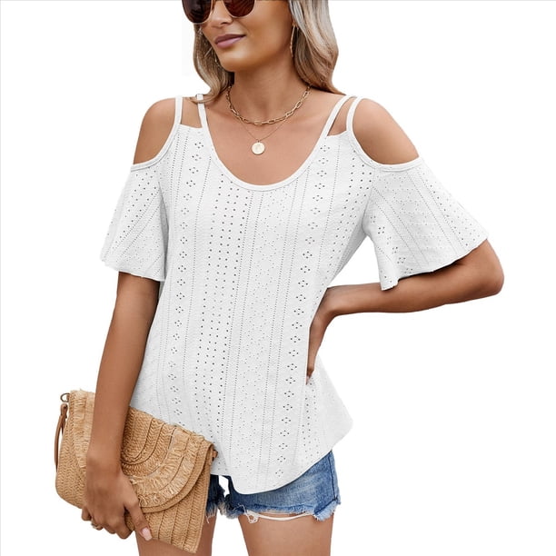 Blusas con Ojales para Mujer, Camisetas de Corta, Moda de Verano y 2025, Blusas con Hombros Descubiertos, Blancas, XXL
