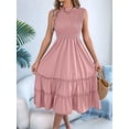 thumbnail image 4 of Women'S Ruffle Trim Flutter Sleeve Midi Dress Pleated Crew Neck Tiered Smocked Flowy Dresses Pink XL, 4 of 10