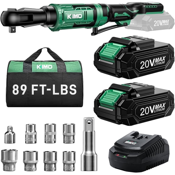 KIMO 20V Cordless Ratchet Wrench 3/8 Set, 89 Ft-lbs 400 RPM Electric Ratchet Wrench, 2x2.0Ah Li-Ion Battery, Fast Charger, Electric Wrench Set w/ 7 Sockets, 3/8" to 1/4" Adapter, 3-Inch Extension Bar