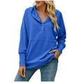 thumbnail image 3 of RQYYD Women Casual Button V Neck Hoodies Long Sleeve Hooded Sweatshirt Casual Loose Pullover Tops Blue S, 3 of 7