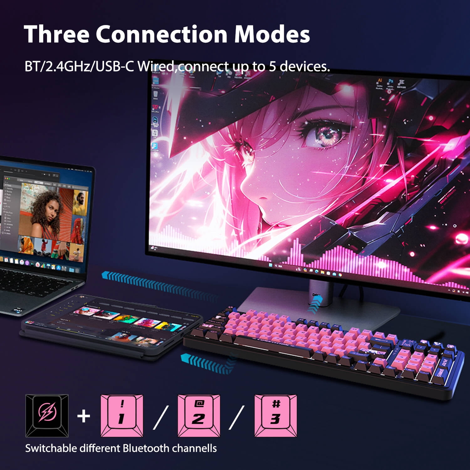 AUSDOM 98Pro Wireless Mechanical Gaming Keyboard, Tri-Mode (Bluetooth/2.4GHz/USB-C), Gasket Hot Swappable, Backlit, PBT Keycaps, Linear Switches, for Windows/Mac/PC(Manga Girl Theme)