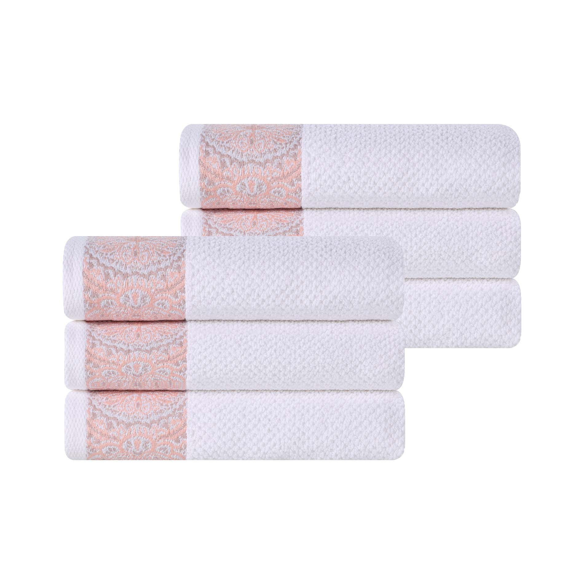 Superior Medallion Cotton Hand Towels, Set of 6, White/ Emberglow