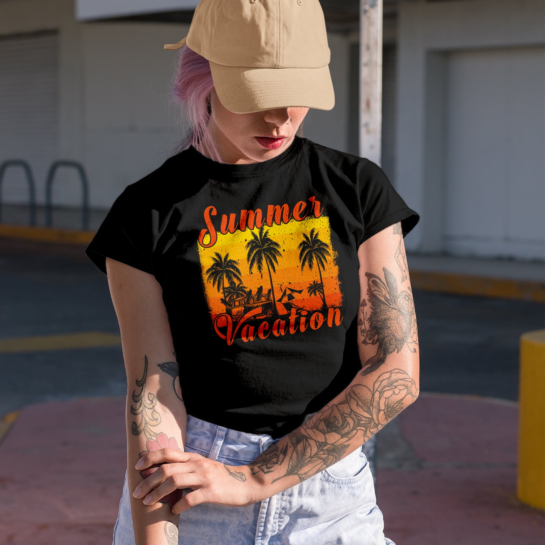 Summer Vacation with Palm Trees, Surf Van, Military Green T-Shirt, Large