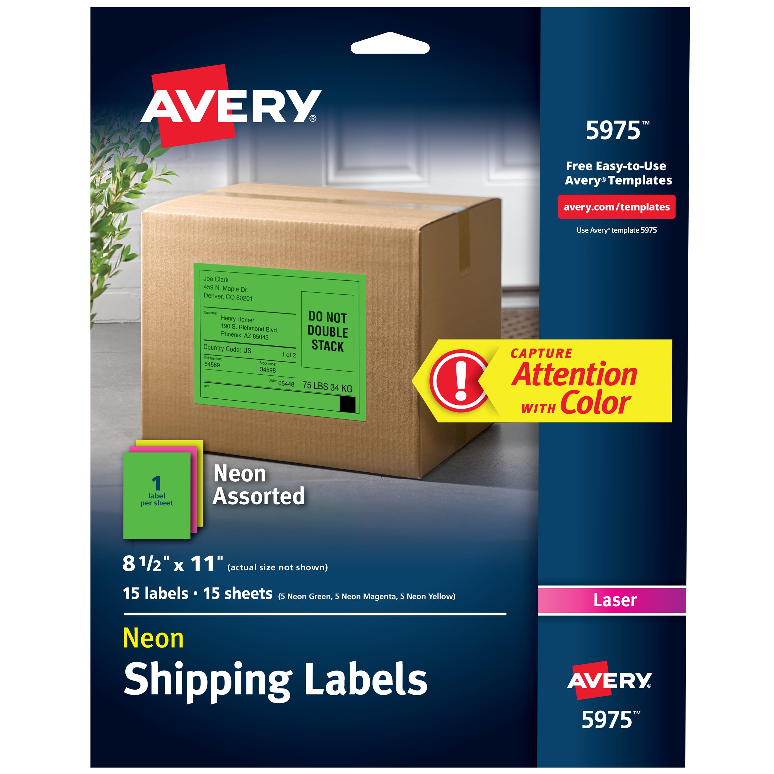 Avery Assorted Neon Shipping Labels, 81/2" x 11", 15 Labels (5975