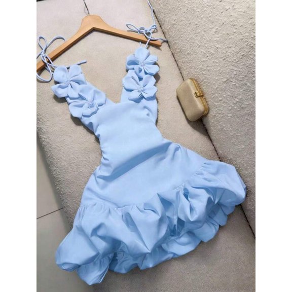 Baby Blue 3D Floral Strap Puff Mini Dress For Women, Elegant Cocktail Party Dress Summer