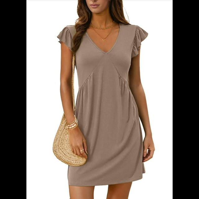 Vestido Tipo Chaleco Holgado con Mangas de y Escote en V Profundo para Mujer, Color Caqui, Talla S