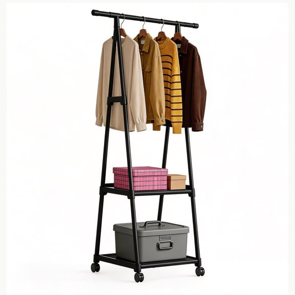 HioHa Portable Clothes Rack on Wheels with 2-Tier Shelves & Hooks - Stainless Steel Rolling Garment Rack for Clothing, Shoes, Laundry - Home, Office, Dorm Use (Black)