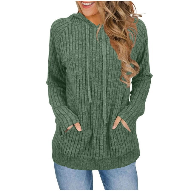 Women's Ribbed Plush Pullover Sweatshirt - Long Sleeve Hoodie | Kangaroo Pocket Casual Fall Top