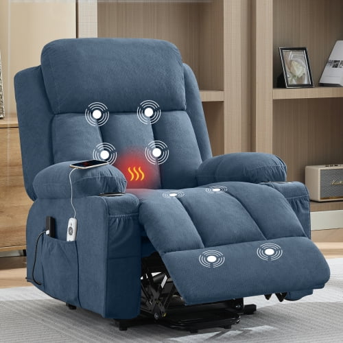 blue Power Lift Recliner Chair with Heat and Massage Electric Fabric Recliner Chair for Elderly with Side Pocket, USB Charge Port, Remote Control