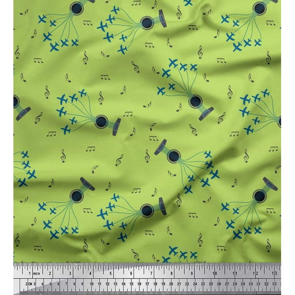 Soimoi Cotton Jersey Fabric Airplane,Guitar Wire & Notes Musical Instrument Printed Craft Fabric by The Yard 58 Inch Wide