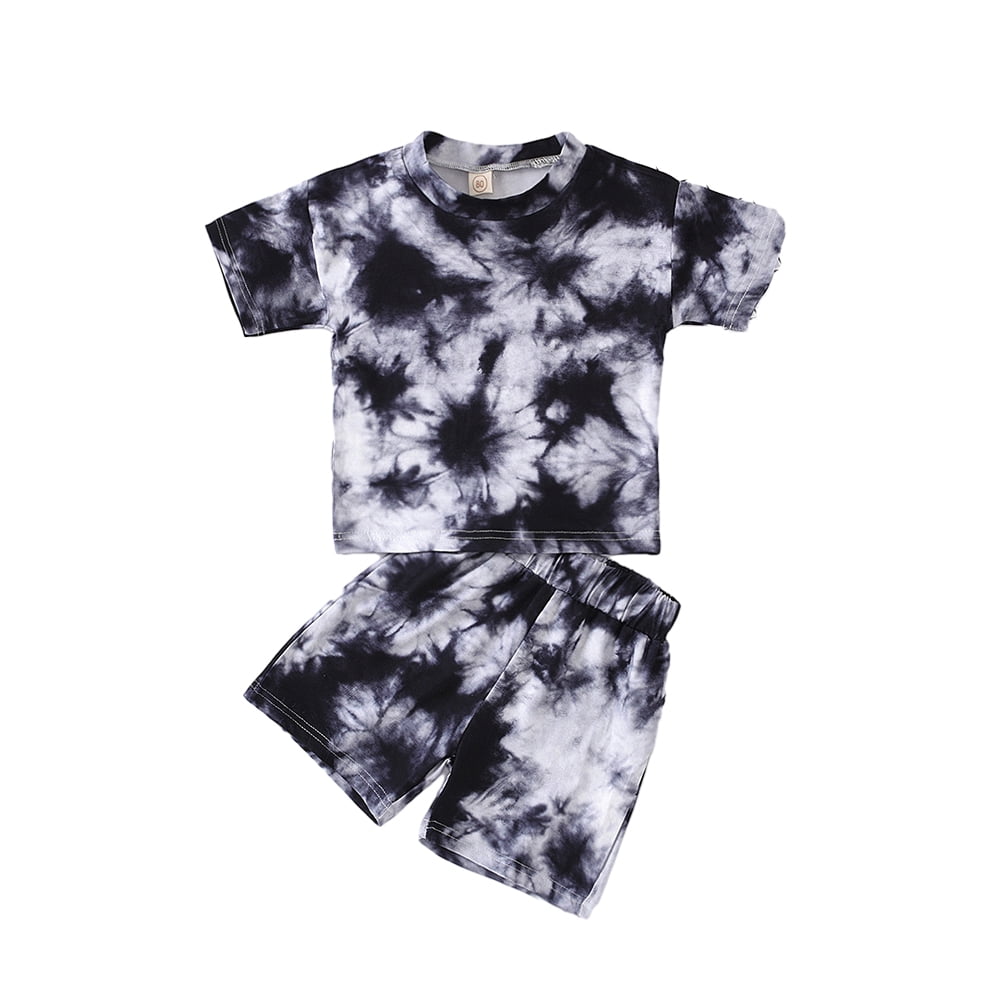LYMAYTER Kids Unisex Crewneck Outfit 2PCS Girls Boys Fashion Short Sleeve T-Shirt Tops + Summer Shorts Set for 12 Months - 5 Years