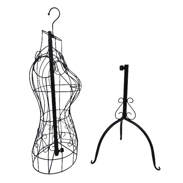Maniquí femenino de alambre con forma de torso y base de trípode, altura ajustable. Negro