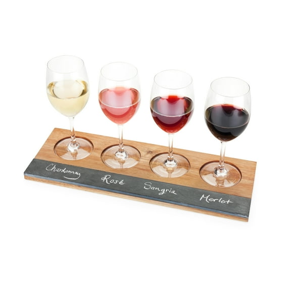 Twine Wine Flight Set, Acacia Wood Wine Tasting Board with Slate Chalkboard