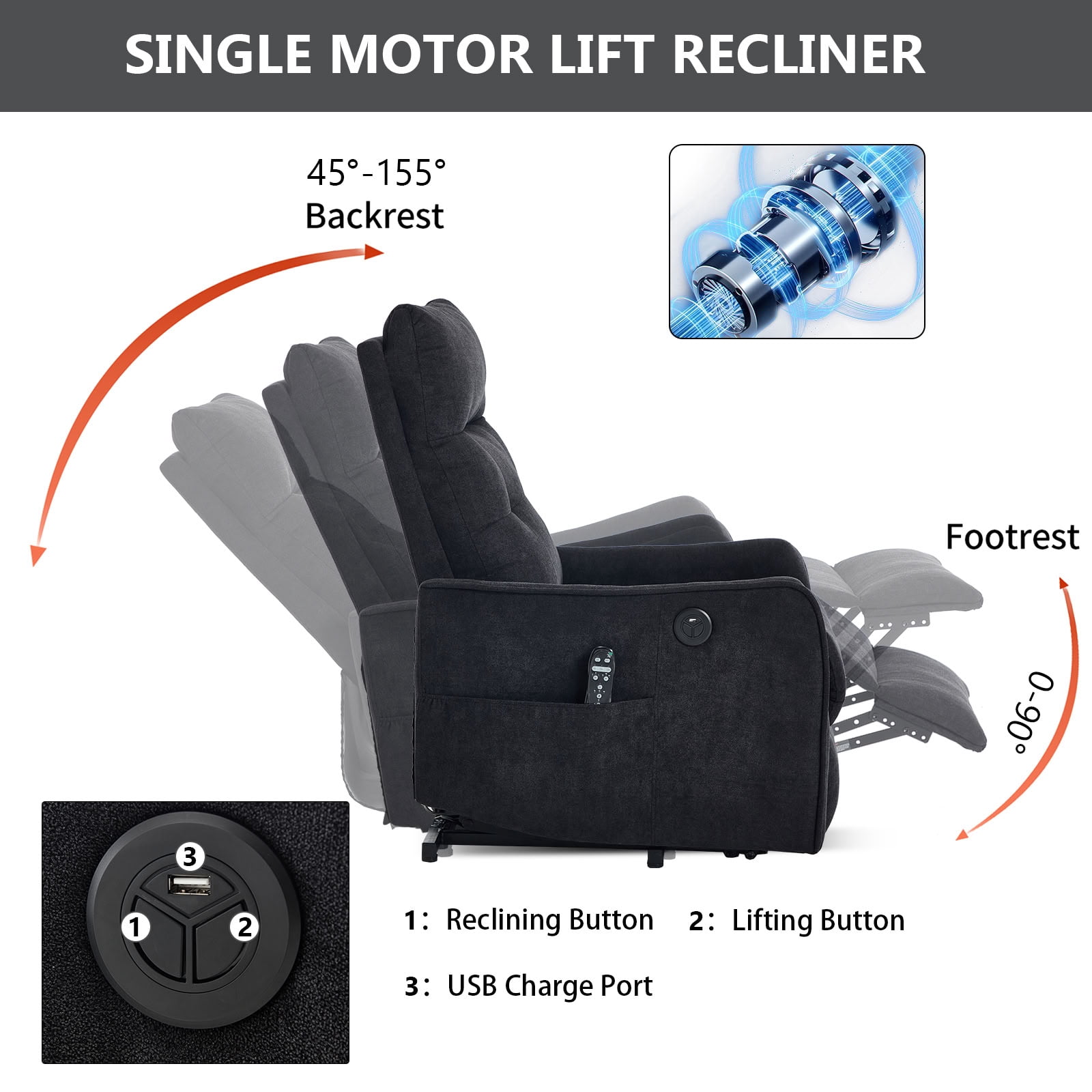 MAYEERTY Chenille Power Lift Recliner Chair for Elderly, Single Motor Electric Lift Chair with 8-Point Massage & Lumbar Heat, USB Charging Port, for Living Room Bedroom