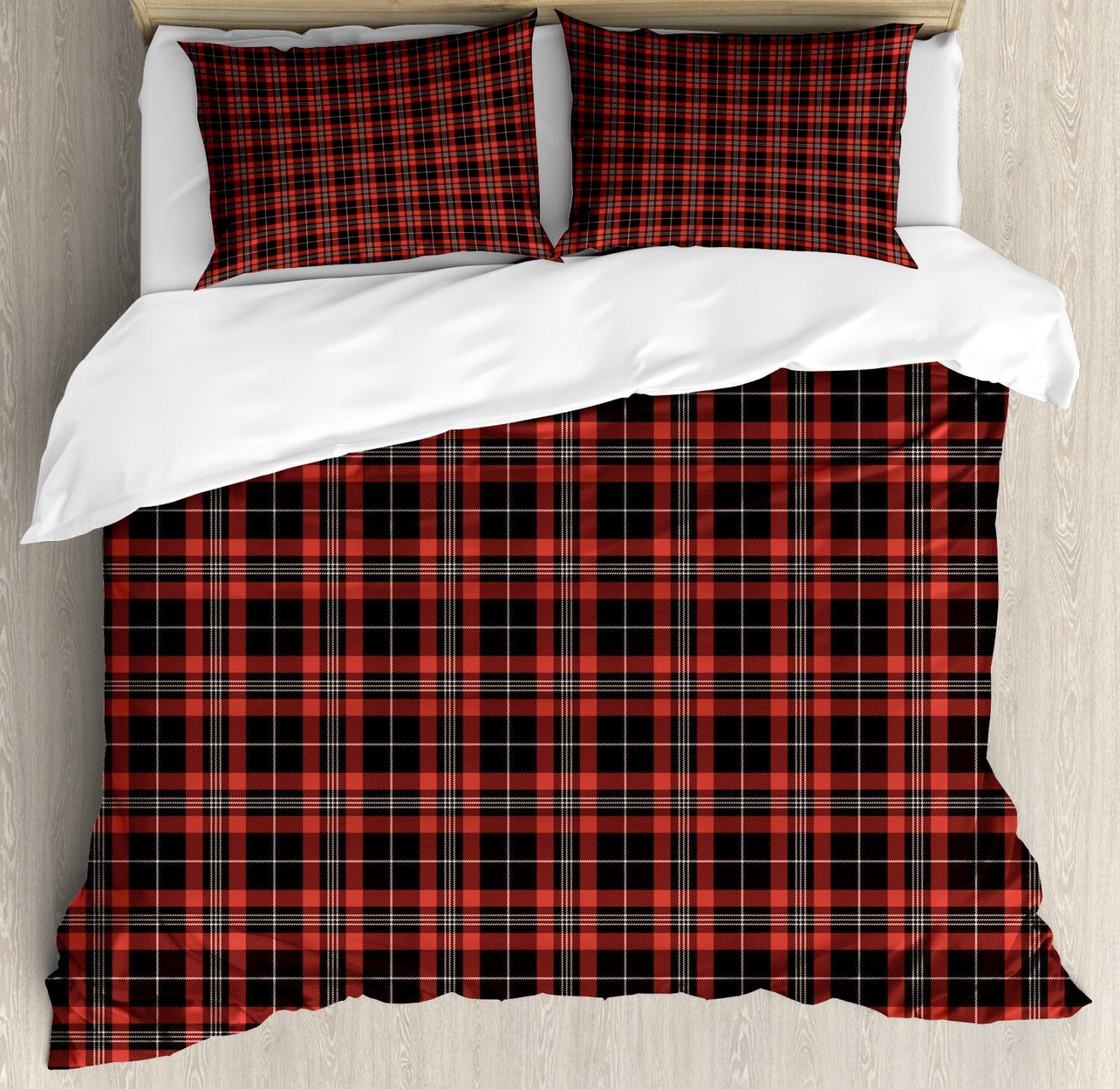 Tartan Duvet Cover Set Queen Size, Plaid Composition with Geometric Elements Abstract Design