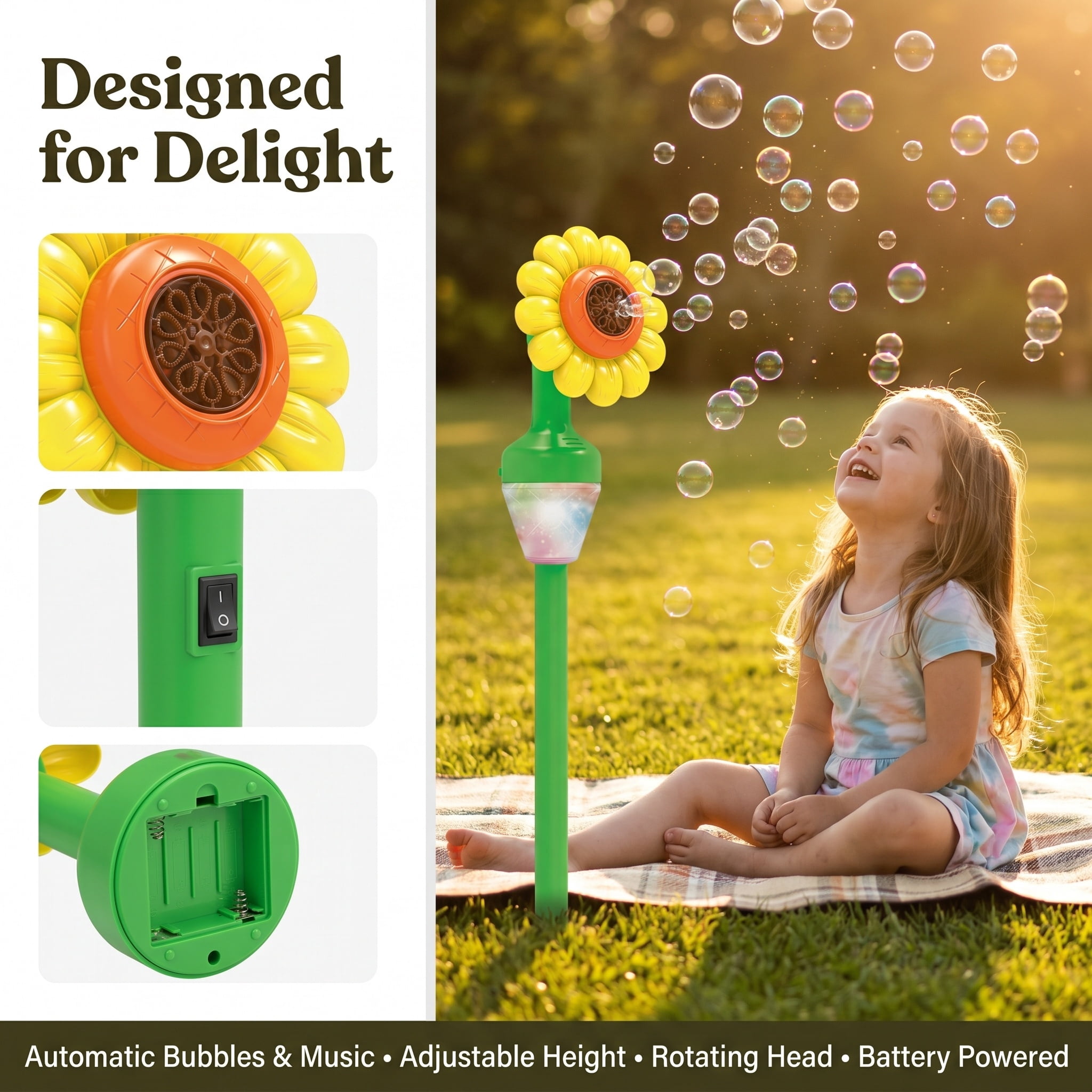 Sunflower Bubble Machine with Lights and Music for Outdoor, Automatic Bubbles Toys for Kids Toddlers, Adjustable Height Bubbles Blower Maker for Wedding Birthday Party Christmas