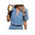 thumbnail image 3 of Women'S Denim 2 Piece Outfits Summer Lapel V Neck Crop Top Jean Skirt Shorts Set with Pockets Dark XL, 3 of 10
