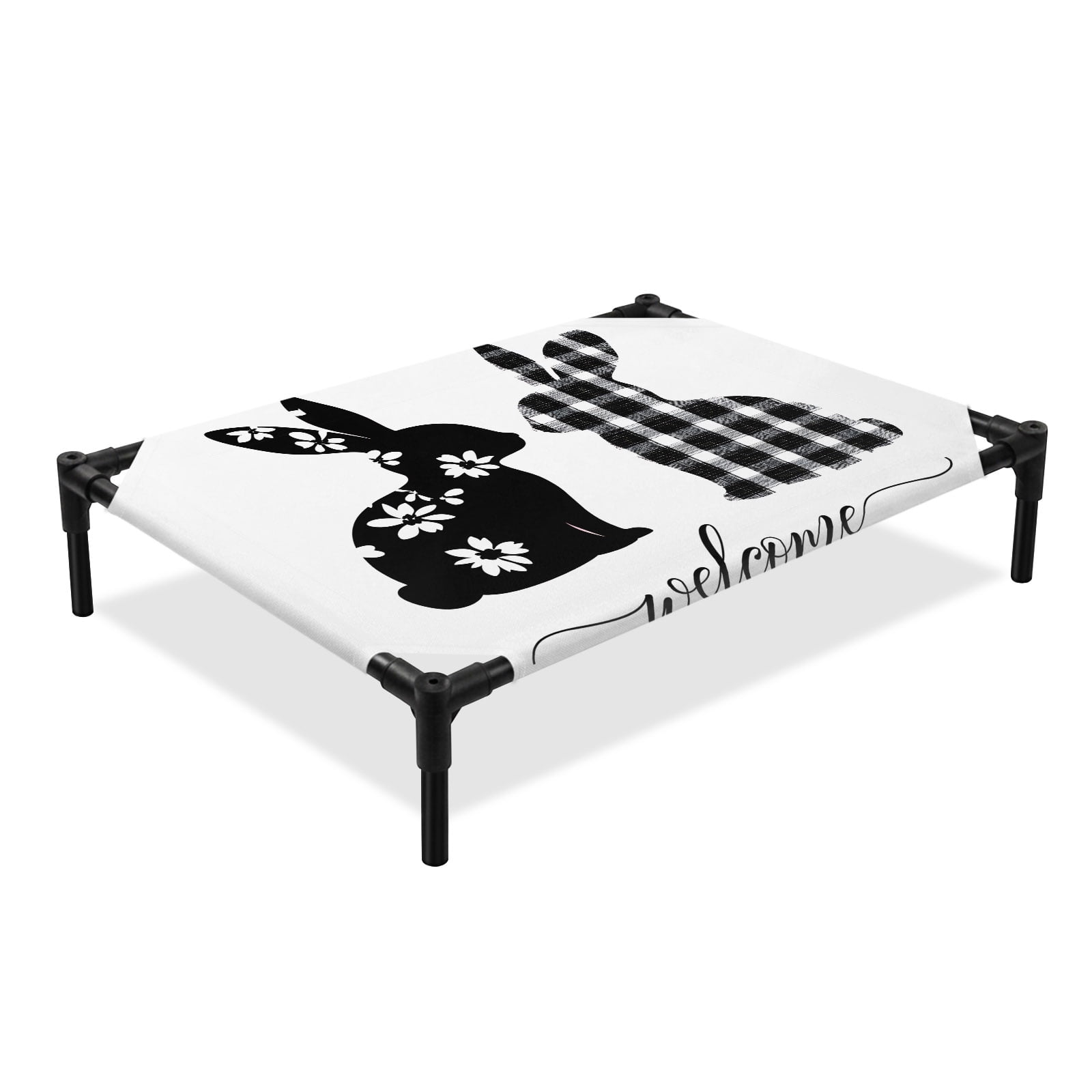 Flower Plaid Bunny Elevated Dog Bed Spring Rabbit Cooling Breathable Outdoor Raised Dog Cot Bed with Metal Frame Non-Slip Feet for Large Dog 28x22in