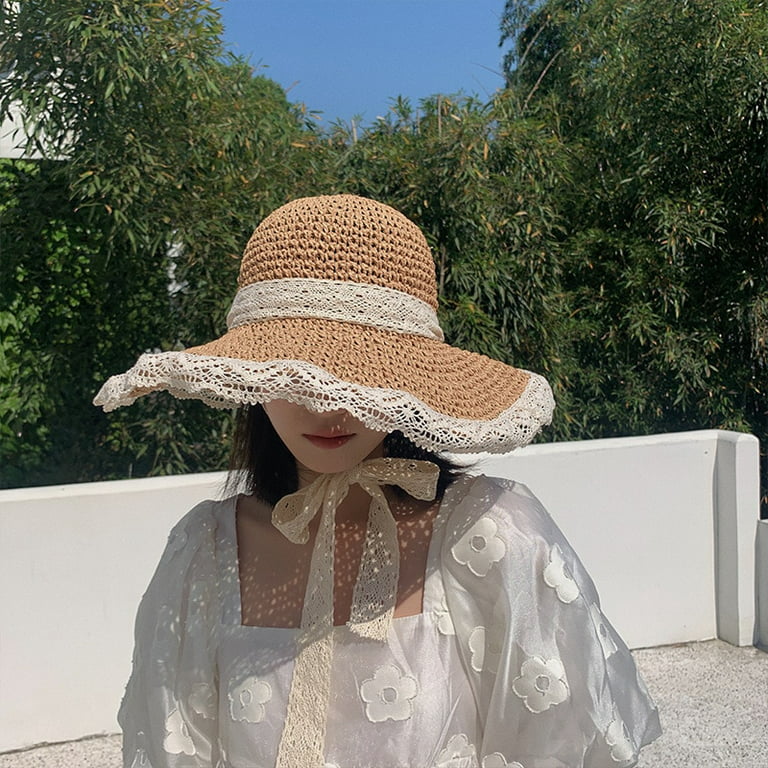 CoCopeaunts Summer Lace Sun Hat Women Beach Hats Travel Wide Brim Sun Hat  Elegant Lolita Bucket Hat Holiday Hats for Women Fashion