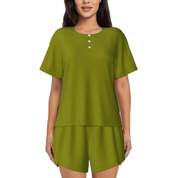 Fotbe Olive Conjunto de Pijama Estampado para Mujer, 2 Piezas, Ropa de Dormir con Camiseta de Manga Corta y Shorts Suaves-Medium