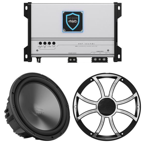 Wet Sounds HTM-1 - HTM Series Full-Range Class-D 1200 Watt at 1-Ohm Mono Amplifier with REVO-10-FA-S4 10" Woofer Single 4 OHM and REVO-10-XS-B-SS-GRILLE White Stainless Grille