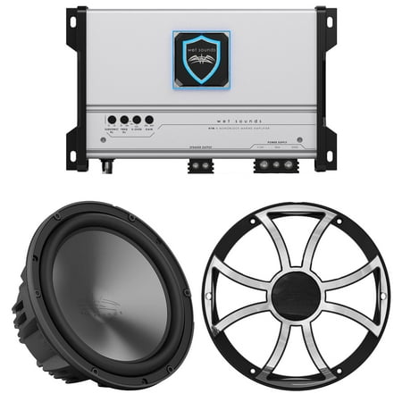 Wet Sounds HTM-1 - HTM Series Full-Range Class-D 1200 Watt at 1-Ohm Mono Amplifier with REVO-10-FA-S4 10 Woofer Single 4 OHM and REVO-10-XS-B-SS-GRILLE White Stainless Grille