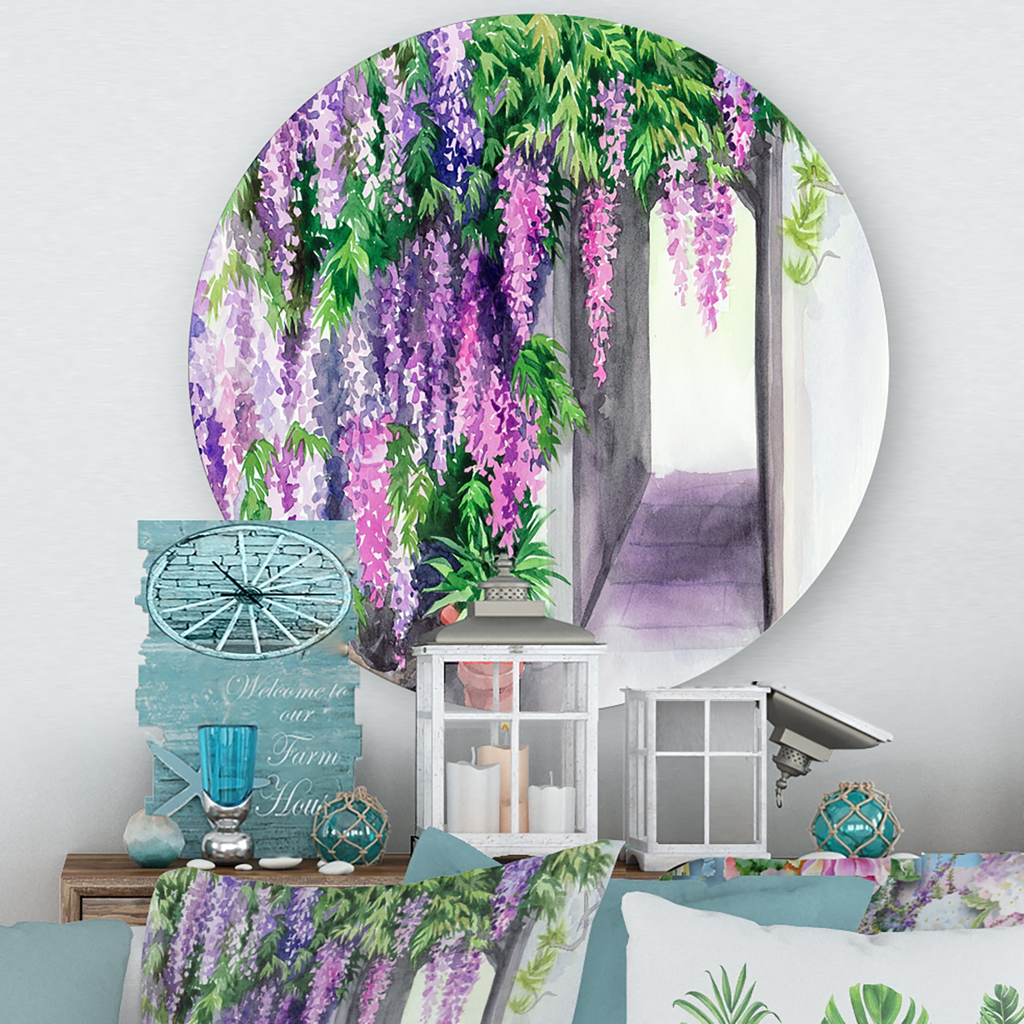 Designart 'Purple Wisteria Blossom' Traditional Circle Metal Wall Art 11x11 - Disc of 11