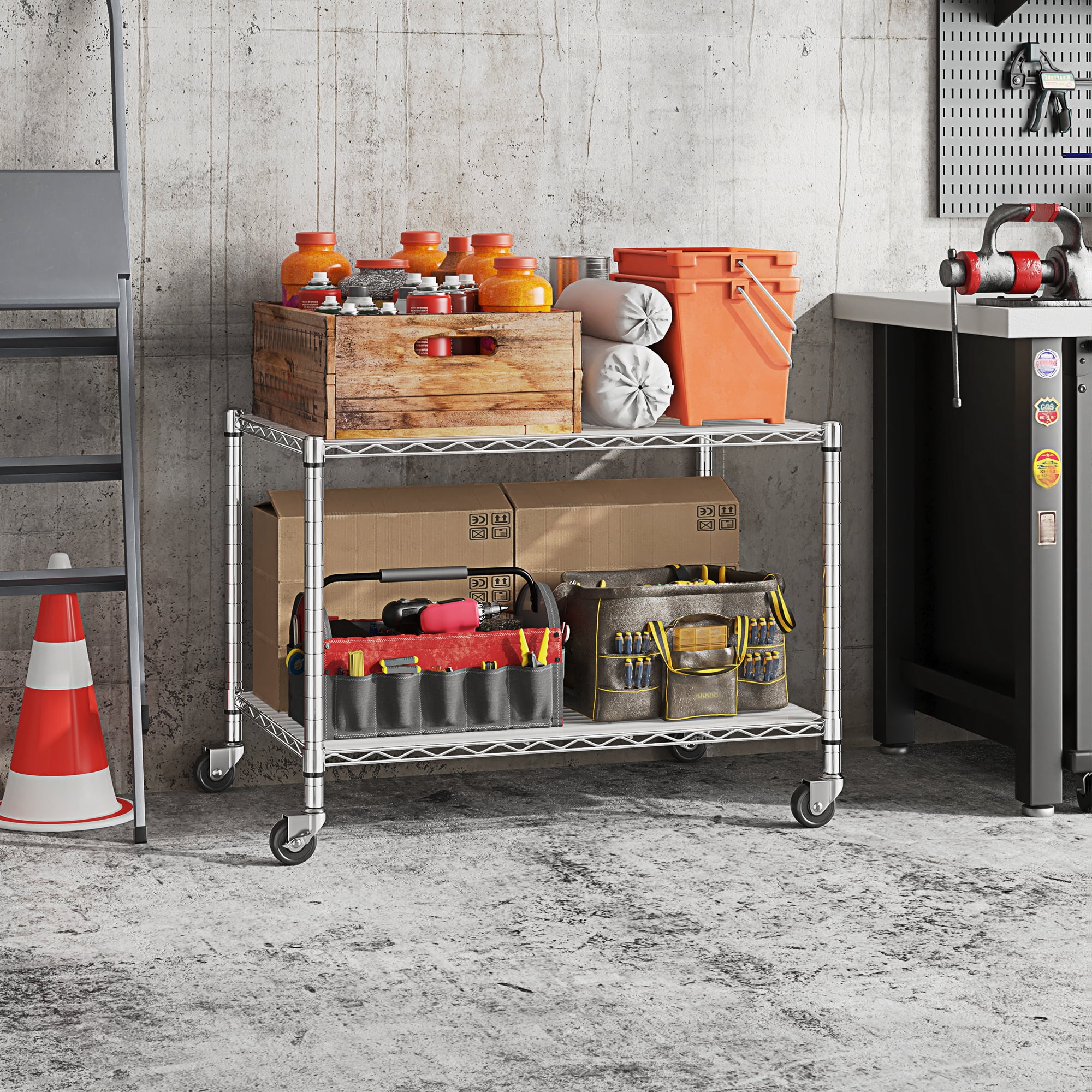 REIBII 2 Tier Wire Shelving Unit with Wheels,Heavy Duty Kitchen Appliance Shelf,36"W x 18"D Metal Storage Shelves for Pantry Garage Laundry,300 lbs Per Shelf,Chrome