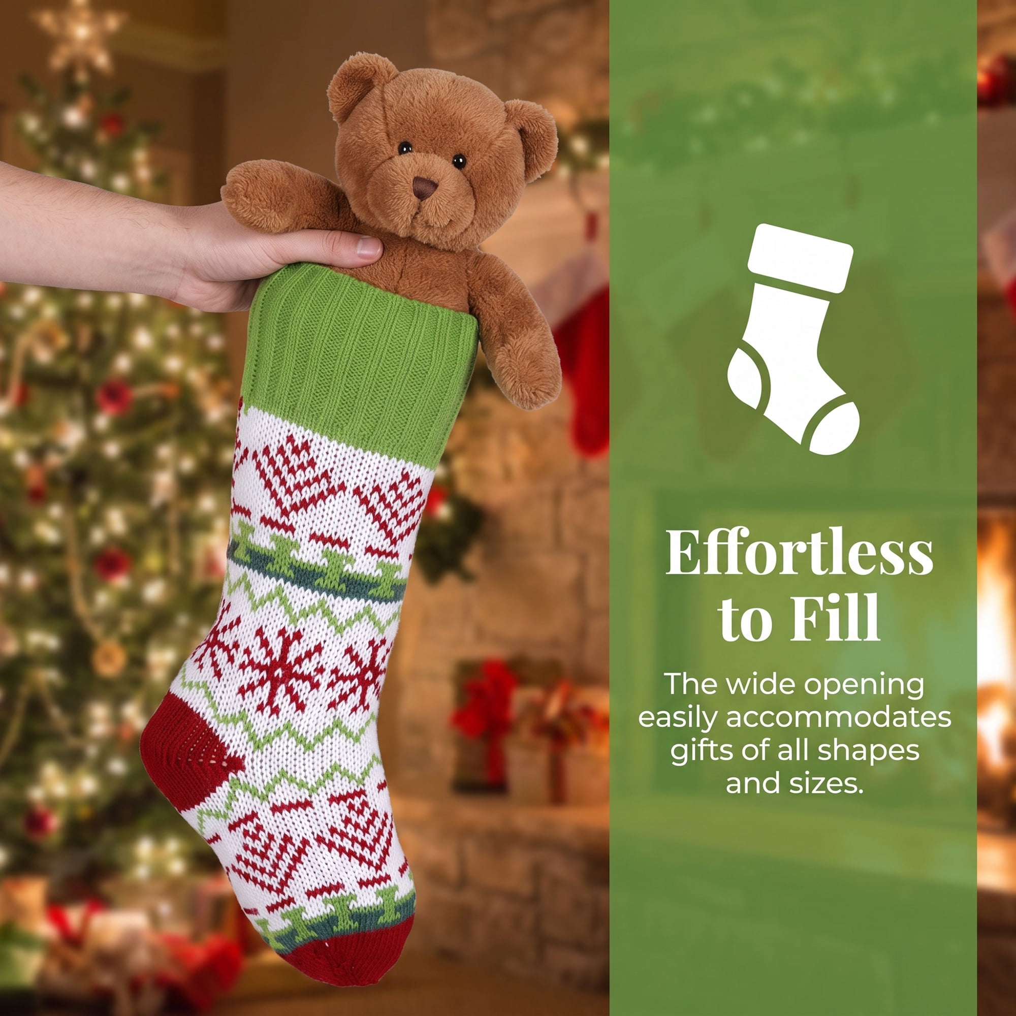 Unique Bargains Holiday Christmas Double Layer Knitted Motif Stocking Green 20"