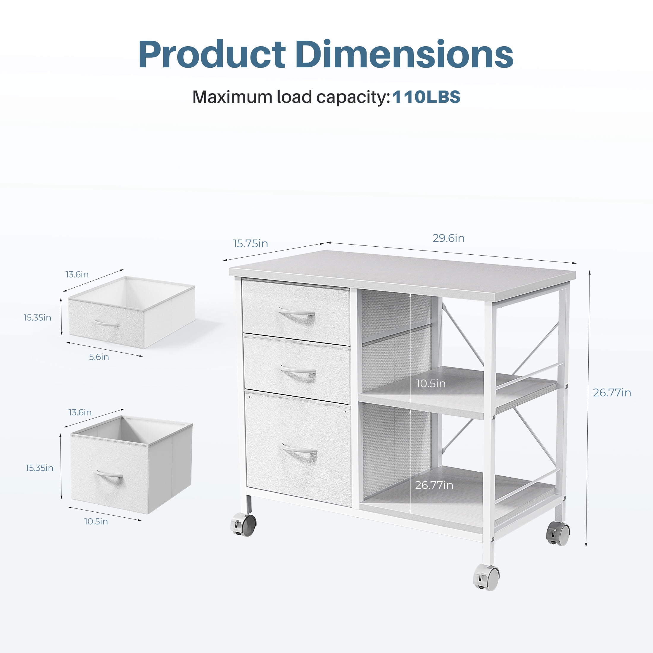 EDX 3 Drawer Mobile File Cabinet, Rolling Storage Cabinet with Open Storage Shelf, Fabric Lateral Filing Cabinet for Home Office, White