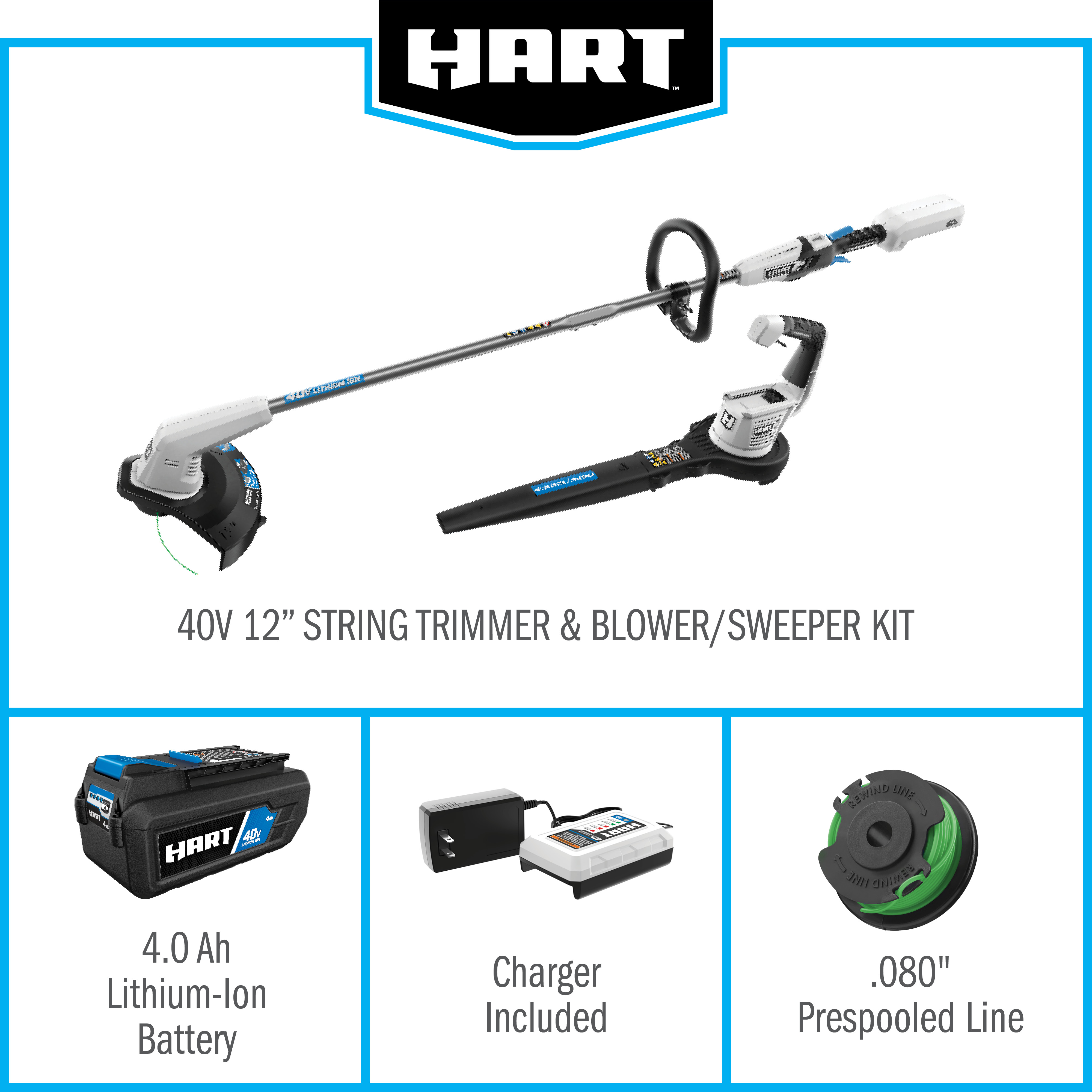 HART 40-Volt Cordless 12-inch String Trimmer and Leaf Blower Combo Kit,  (1) 4.0Ah Lithium-Ion Battery - image 9 of 14