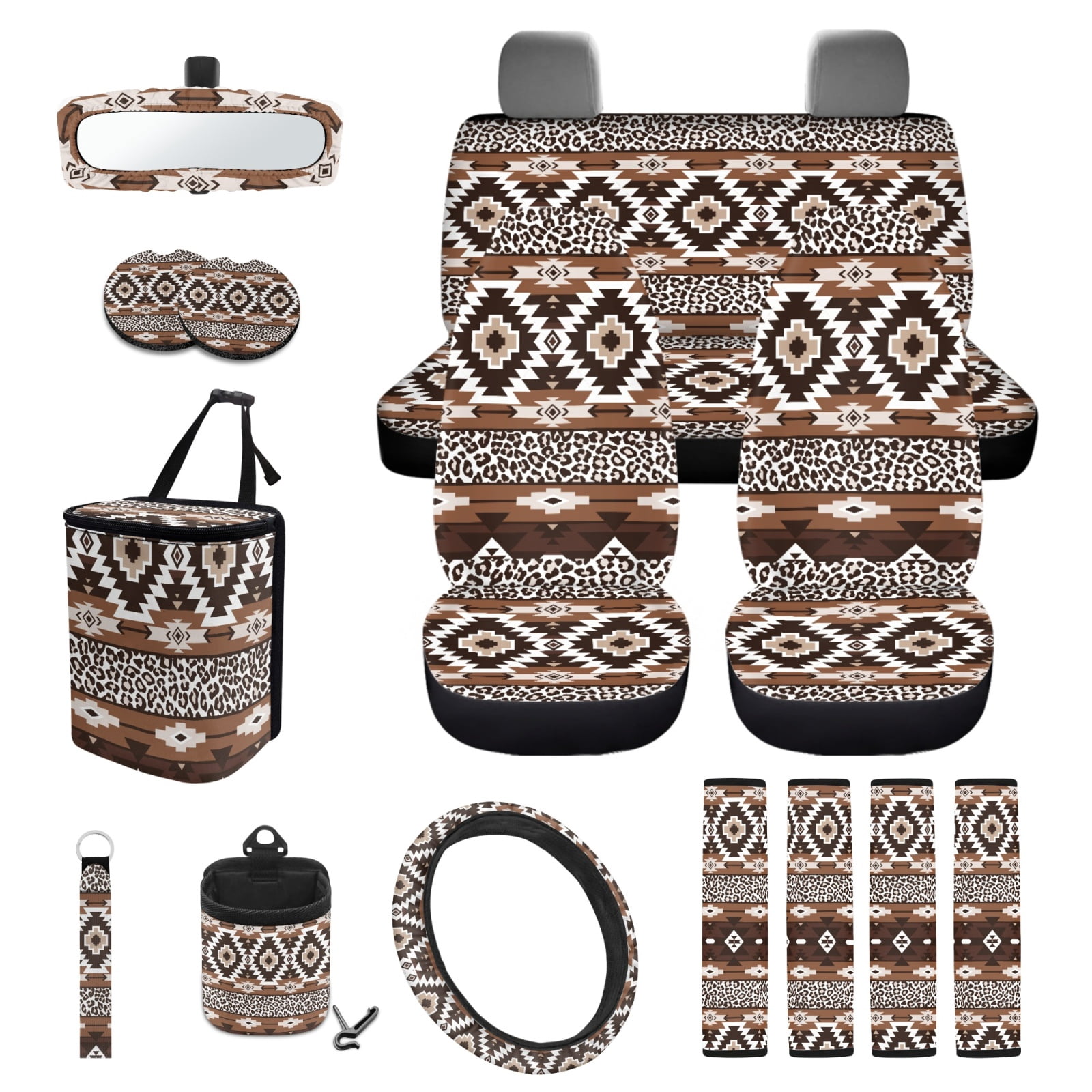 Jeiento Aztec Leopard Seat Covers Full Set for Car with Trash Bin Cup Holder Steering Wheel Cover Seat Belt Shoulder Pad Keychain Rear View Mirror Protector Air Vent Storage Bag Car Accessories