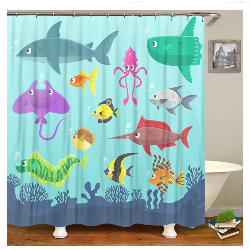Funny Sea Animals Cartoon Polyester Fabric Shower Curtain Set Bathroom Decor 71" 