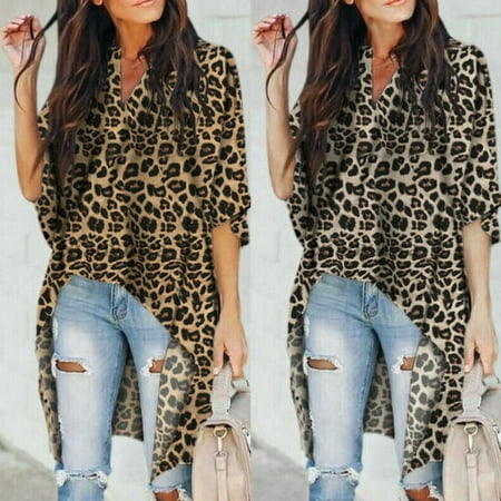 Plus Size Women's Ladies Leopard Print Long Sleeve Shirt Loose Casual Leopard Tops