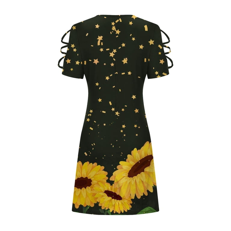 Dailytrove Women's Sunflower Print Fit & Flare Dress, Short Sleeve, Casual Picnic & Resort Wear, Lightweight Rayon Blend, Size: DT-2XL