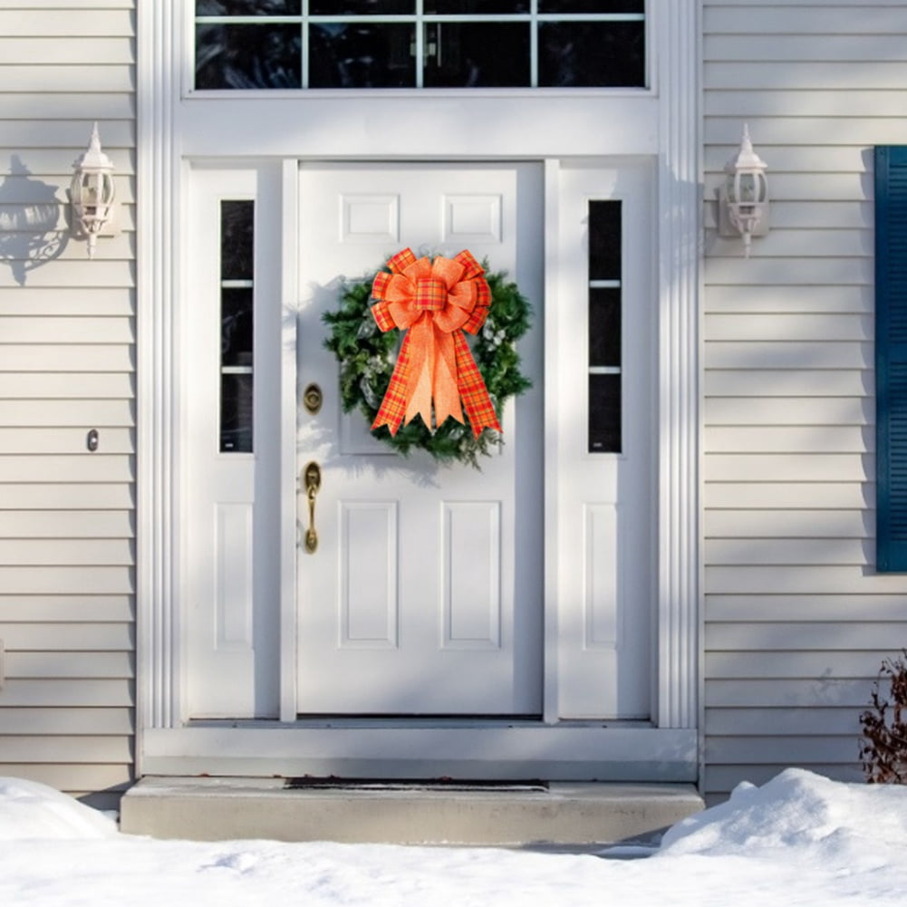 2/4/6 PCS Large Fall Thanksgiving Wreath Gift Bow -18.9x10.6inch Orange Buffalo Plaid Check Wreath Swag Bow Wreath Pre-Tied Bow for Fall, Thanksgiving, Christmas, Home Indoor Outdoor Ornaments