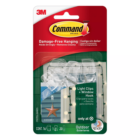 Command 16 Clips 20 Strips Outdoor Light Clips with Foam All Weather Strips Decorative Hooks Clear