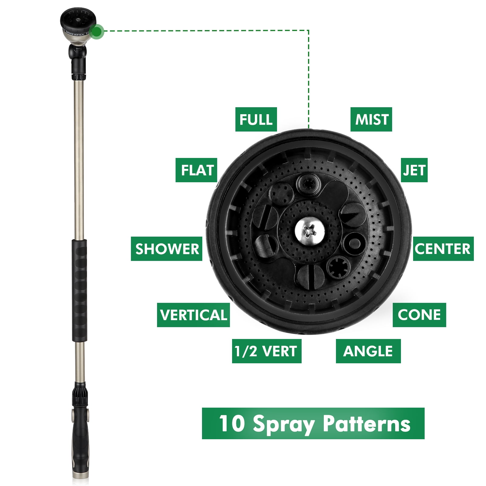 Restmo 36” Metal Watering Wand with 180° Ratcheting Spray Head, 10 Spray Patterns, Heavy Duty Hose Nozzle Sprayer