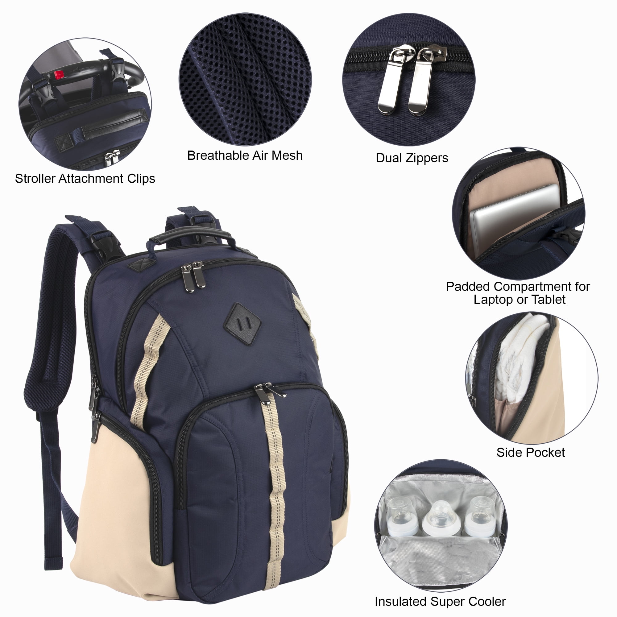 Baby Essentials Super Cooler Multi-Pocket Dual Zipper Closure Diaper Bag Backpack with Matching Changing Pad, Insulated Bottle Pockets and Stroller Straps in Navy Blue & Tan