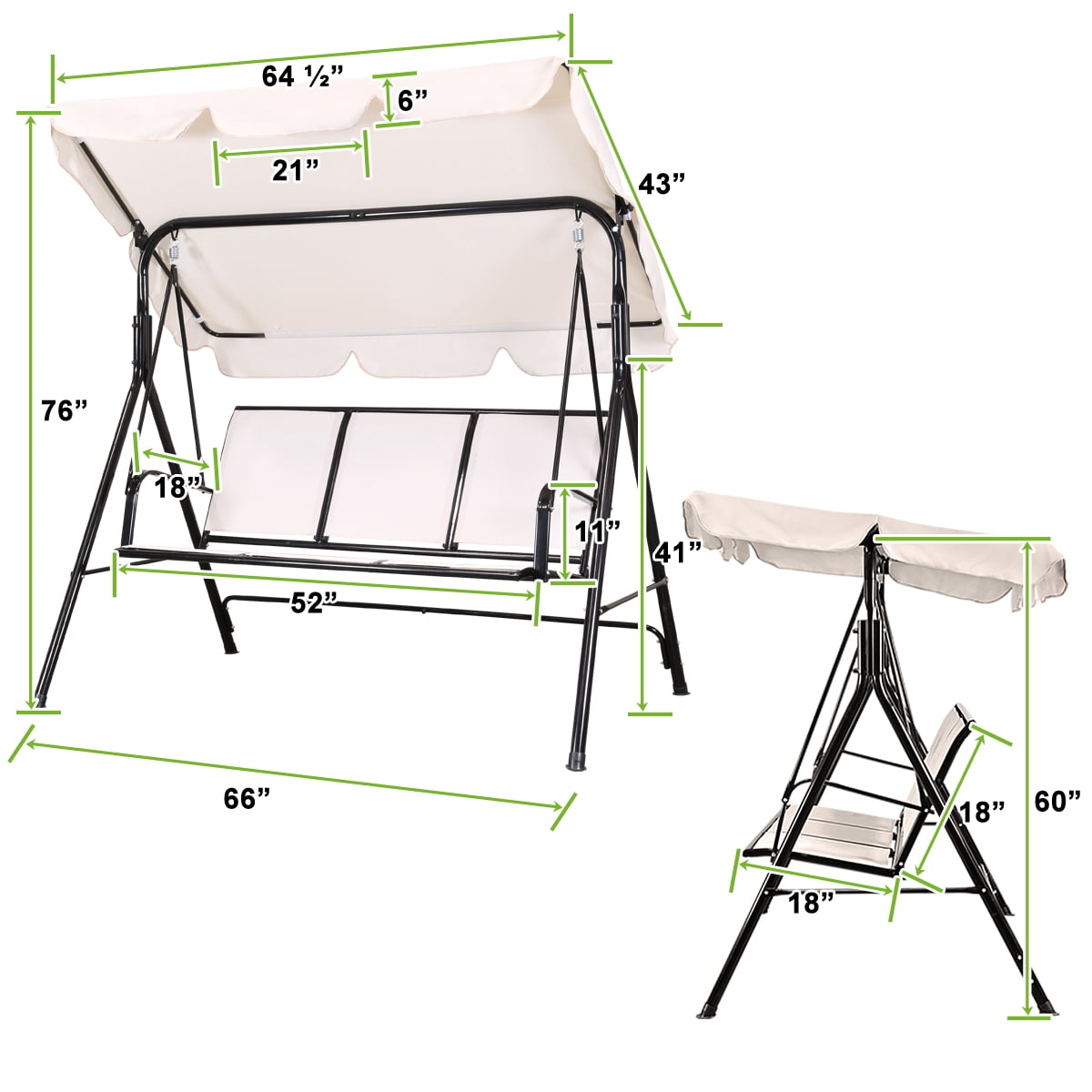 Geniqua Outdoor Canopy Swing Patio Chair Lounge 3-Person Seat Hammock Porch Bench Beige