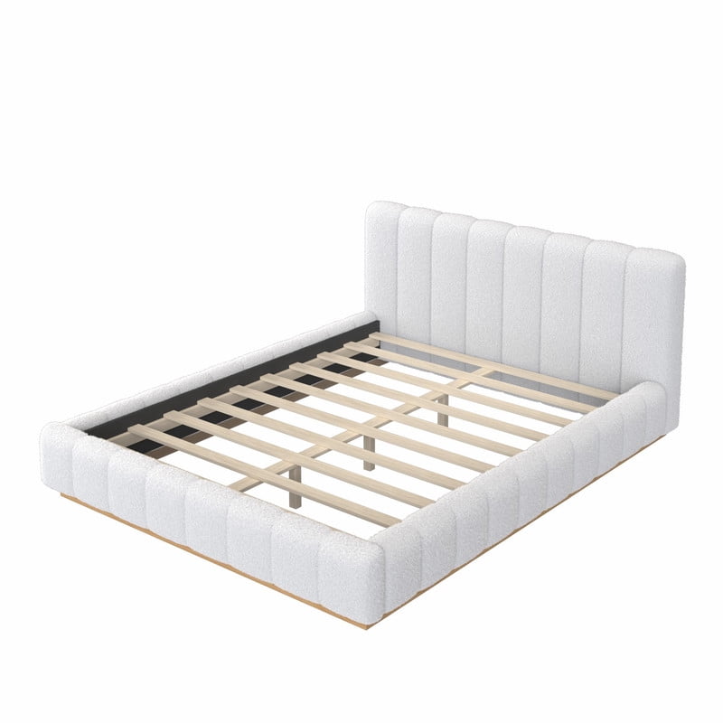 Queen Size Boucle Upholstered Bed Frame, Low Profile Wooden Platform Bed, No Box Spring Needed Floor Bed with Padded Headboard