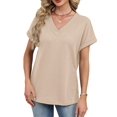 thumbnail image 2 of Womens Short Sleeve Sweater Waffle Knit Tops V Neck Spring Summer T Shirts Casual Blouses Outfits Apricot Color XL, 2 of 8