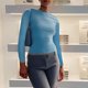 thumbnail image 3 of Mujeres corto Top doble desgaste sin respaldo Top transpirable manga larga color puro elegante camiseta azul S, 3 of 6