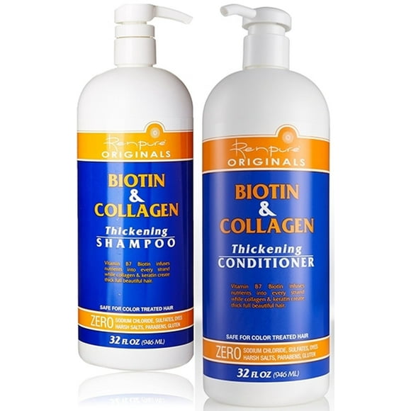 Renpure Originals Shampooing et après-Shampooing Épaississants à la Biotine et au Collagène 32 Oz (Zéro Chlorure de Sodium, Sulfate, Colorants Sels Agressifs, Parabènes, Gluten)