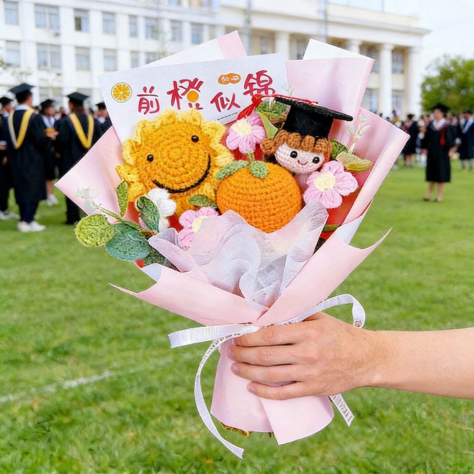 Graduation Gifts Crochet Flowers Bouquet, Handmade Sunflower Rose Bear Graduations Flower Bouquet for Birthday, Teacher Appreciation Gifts, Christmas, Home Decor Blue